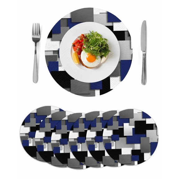 Navy Blue Black Geometric Round 13 Inch Placemats Set of 6, Modern Abstract Art Block HeatResistant Non Slip Place Mats for Dining Table, Wipeable Braided Kitchen Table Mats for Housewarming