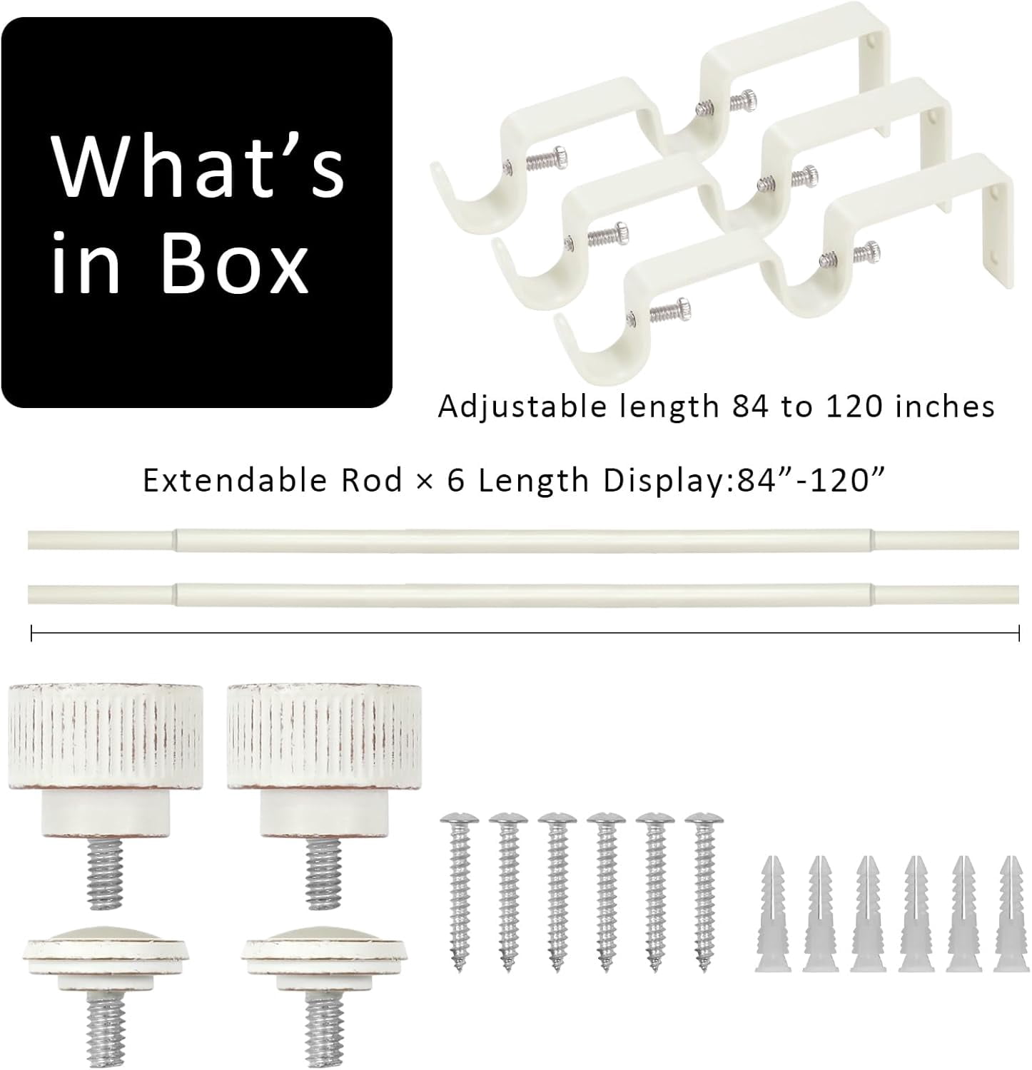 eTeckram 5/8" Double Curtain Rod with Bouton Finials,Weathered White,84‘’-120‘’