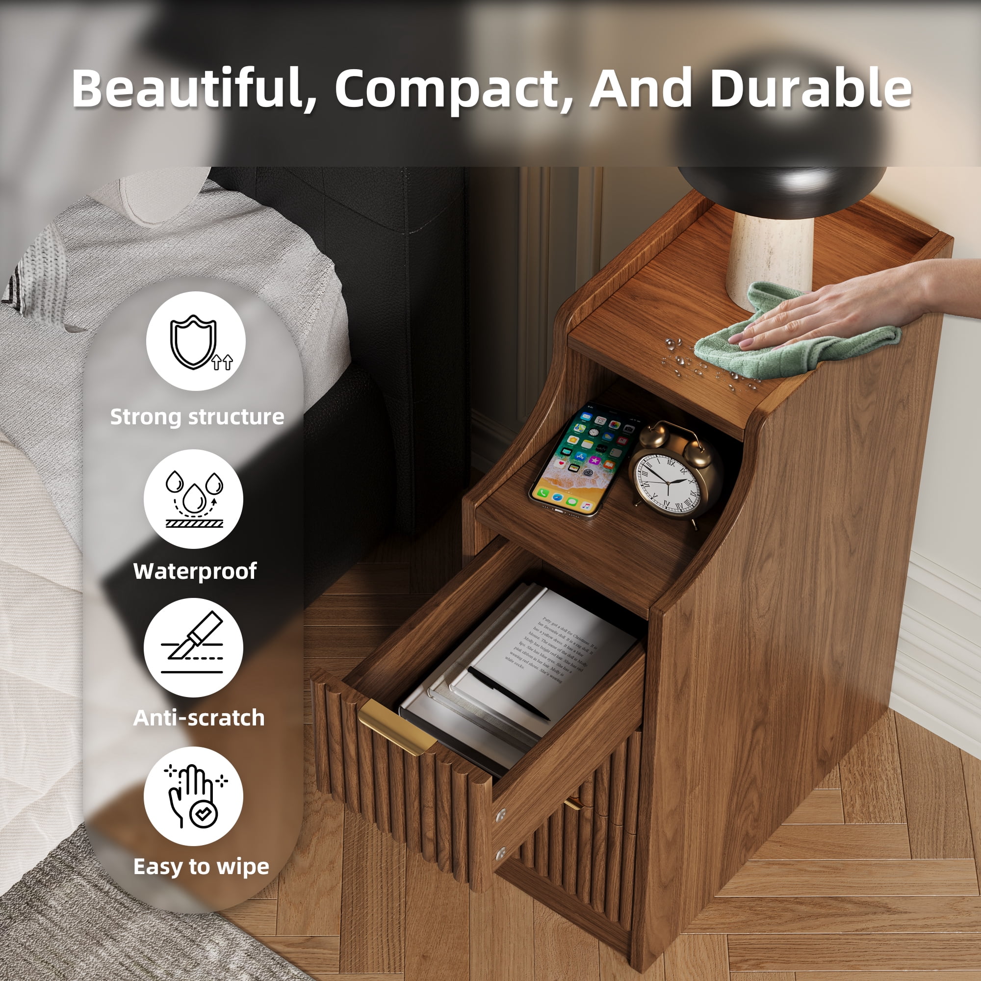 UGTOO Walnut Nightstand Pair – Slim 3-Drawer Bedside Tables with Open Compartment, Gold Accents (15.7"W x 23.6"H)