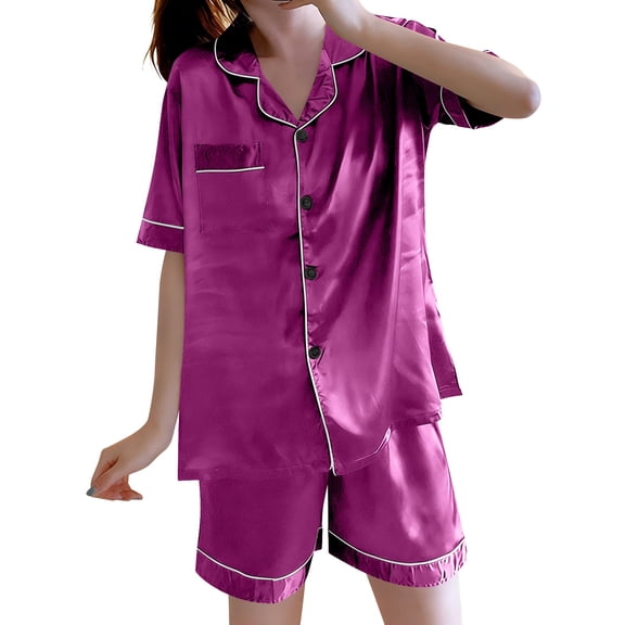 Cmfcve Womens Plus Size Silk Satin Pajama Sets Soft Short Sleeve Button Down Sleepwear Top and Shorts 2 Piece Pjs Lounge Set