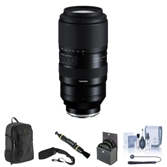 Tamron 50-400mm f/4.5-6.3 Di III VC VXD Lens for Sony E Bundle with Backpack, 67mm Filter Kit, Camera Strap, Lens Cleaner, Cleaning Kit, Universal Lens Cap Tether