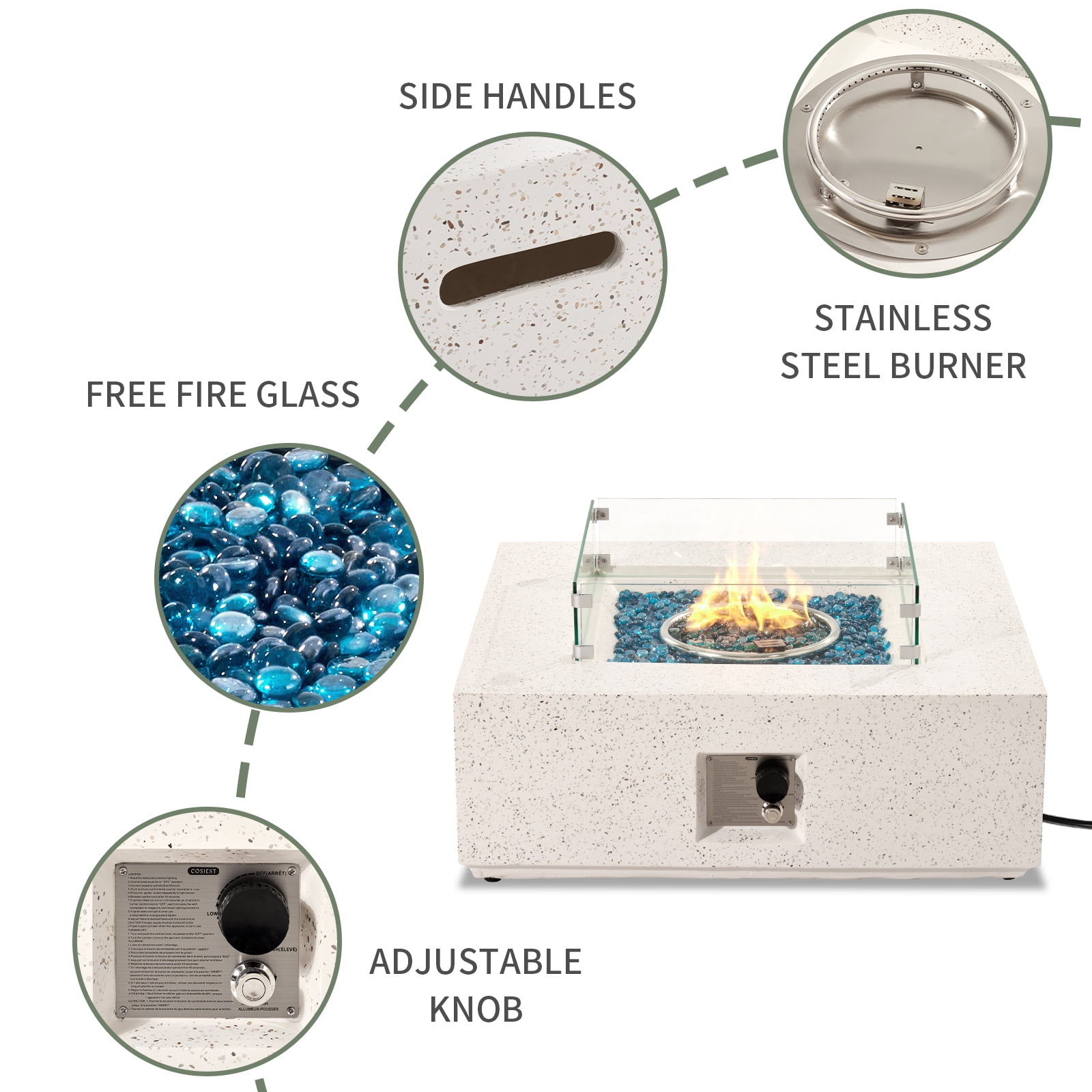VENTOPYR Outdoor Propane Square Fire Pit Table, Terrazzo White Faux Stone 35-inch Planter Base, 50,000 BTU Stainless Steel Burner, Aqua Blue Fire Glass and Rain Cover, Metal Lid