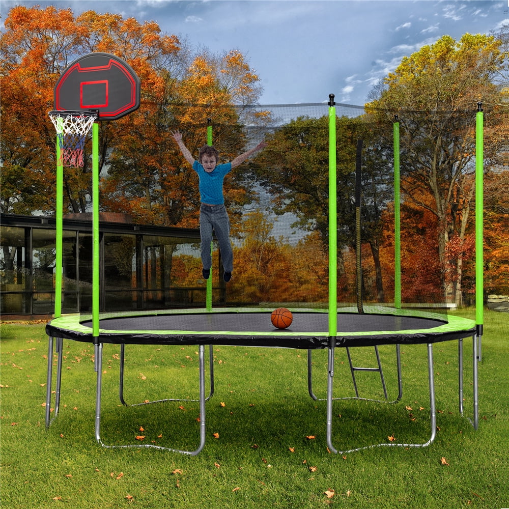12' Round Trampoline for Kids, New Upgraded Outdoor Trampoline with Safety Enclosure Net, Basketball Hoop and Ladder, Heavy-Duty Trampoline for Indoor or Outdoor Backyard, Holds 264lbs, Green, L3725