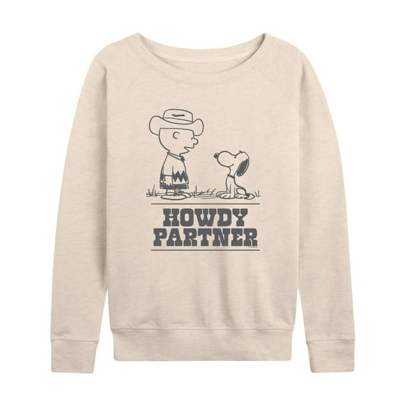 Peanuts - Charlie Snoopy Howdy Partner -Women's French Terry Long Sleeve Shirt Lightweight French Terry Wide Neck Long Sleeve Graphic Shirt