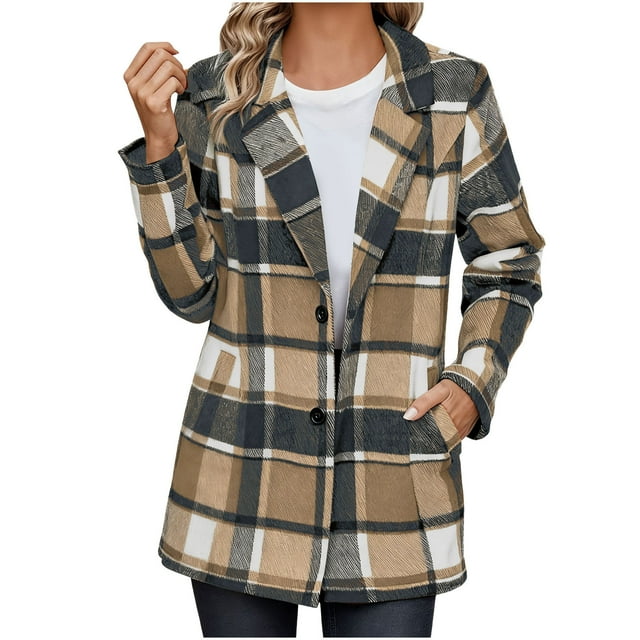 Dvprdro Women Plaid Shacket Jacket Trendy Fall Casual Button Wool Tartan Trench Coat Tops With Pockets