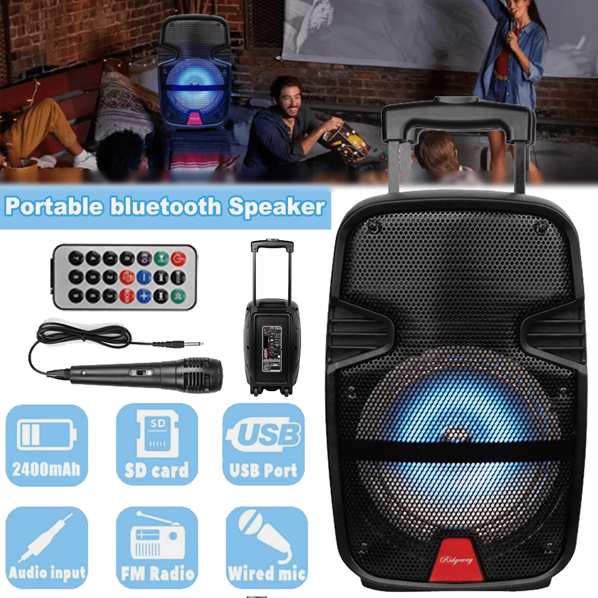 Dazone Portable Bluetooth Loud Speaker, 8-Inch Woofer, Rechargeable PA System Trolley Speaker with Remote, Microphone, LED Light, FM, AUX, Black
