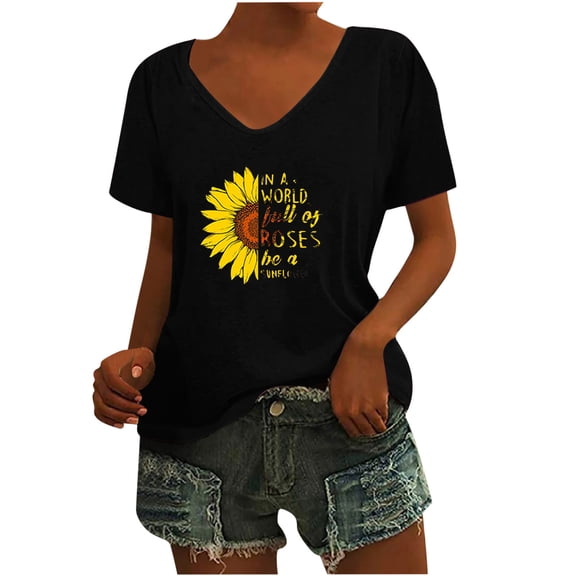 Usmixi Womens Summer Tops Short Sleeve V-Neck Sunflower Print T Shirts Fashion Plus Size Breathable Comfy Ladies Tee Blouses Black S