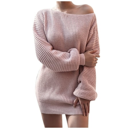 Ersazi Long Flowy Dresses for Women on Clearance Women Fashion Casual Off-The-Shoulder Lantern Sleeve Knit Sweater Dress Pink S