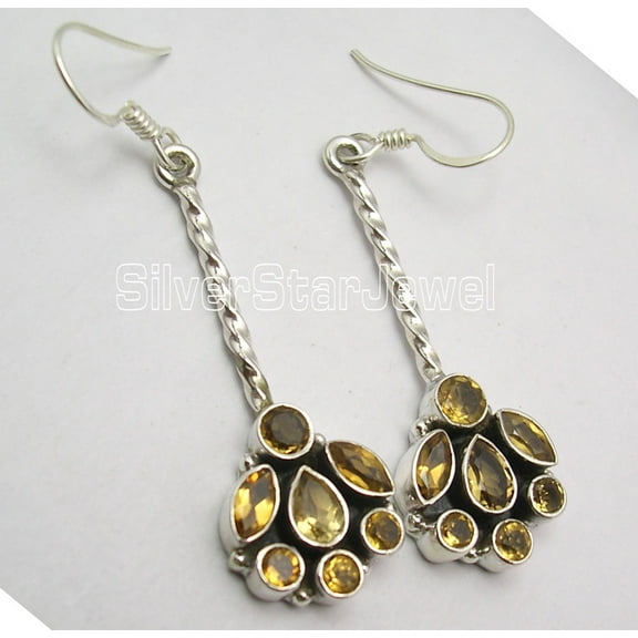 SilverStarJewel Sterling Silver Citrine Earrings 1.6" Women's Wedding Jewelry