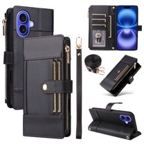 Designed for iPhone 16 Crossbody Wallet Phone Case, With Shoulder Strap&Wrist Strap,Flip Folio Kickstand,Card Slots,Zipper Pocket,PU Leather Magnetic Snap Shockproof Phone Case,Black
