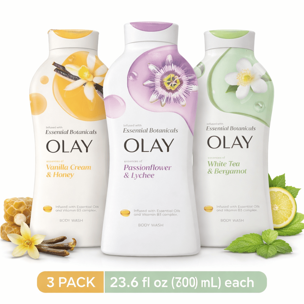 Olay Essential Botanicals Body Wash Variety Pack, Vanilla Cream & Honey, Passionflower & Lychee, White Tea & Bergamot, 23.6 fl oz Each, 3 Pack