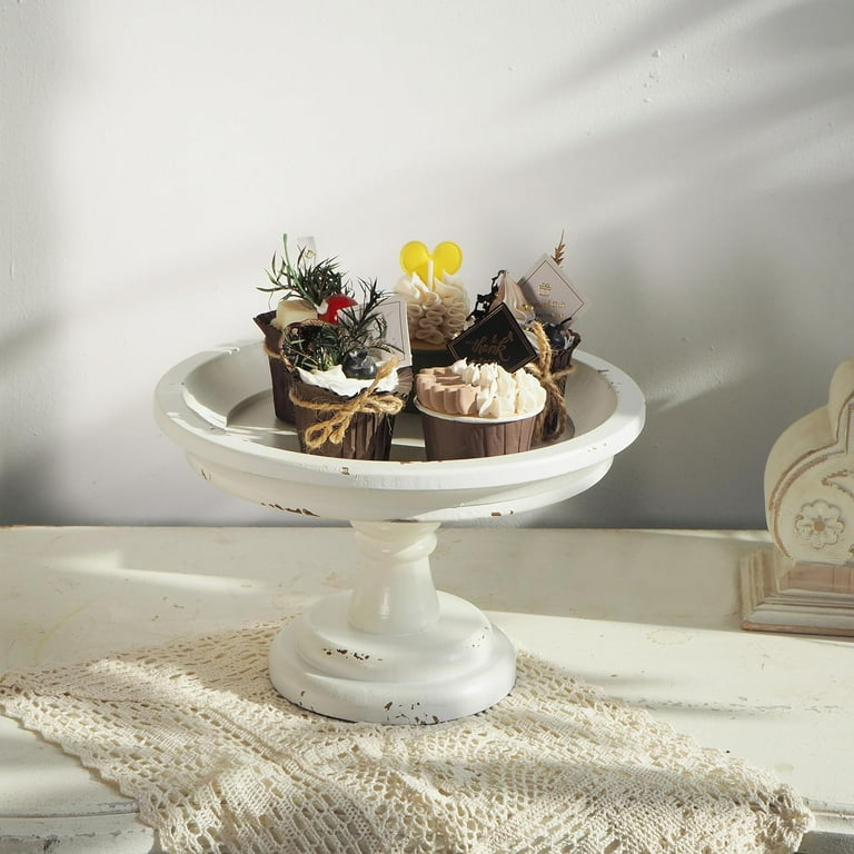 SOFE Rustic White Wood Pedestal Tray Stand for Table Decoration Round Distressed Finished Cake Stand Dessert Table Display Farmhouse Cake Stand