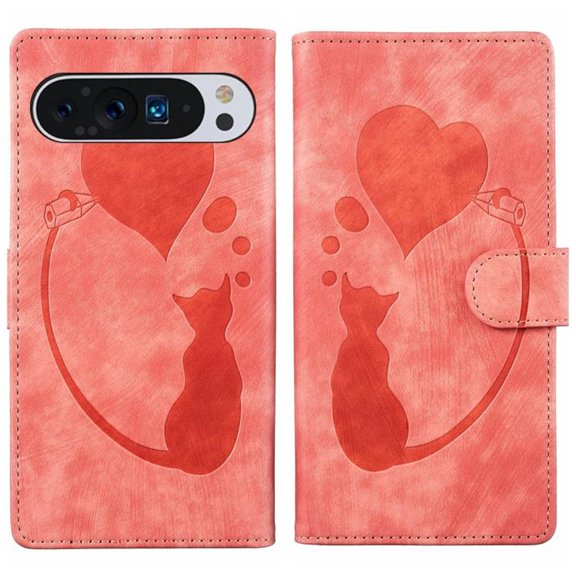 For Google Pixel 10 Pro XL , Pixel 9 Pro XL 6.8" Cat Patterned Embossed Strong Magnetic Attachment/Closure, Card Slots/Pocket, PU Leather Flip Wallet Case ,Orange