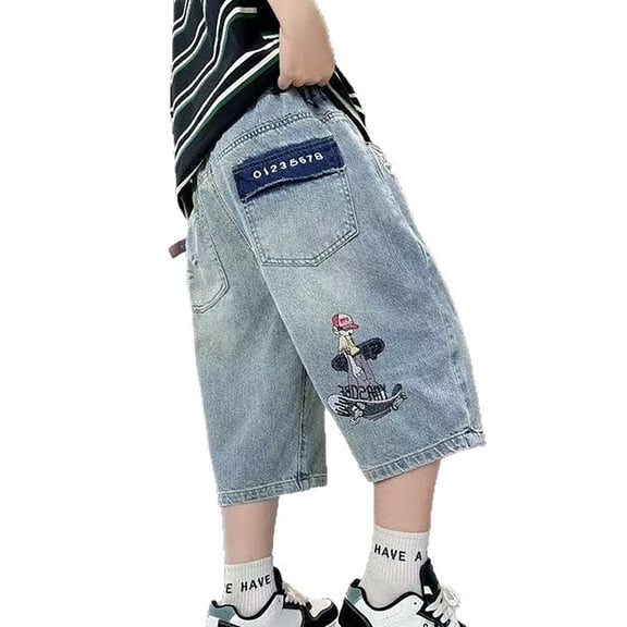 JAJAHO Boys Ripped Denim Shorts Summer Casual Mid Length Elastic Waist Jeans Shorts Baggy Streetwear Kids 5-16Y Versatile Bottoms