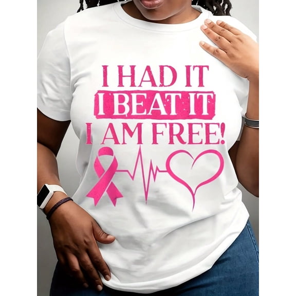 Pink Ribbon And ECG Heart Pattern "I Survived Cancer, I Overcame It, I Am Free Again!" Slogan - Short Sleeve T-Shirt, Suitable For Cancer Awareness Events, Survivor Gifts