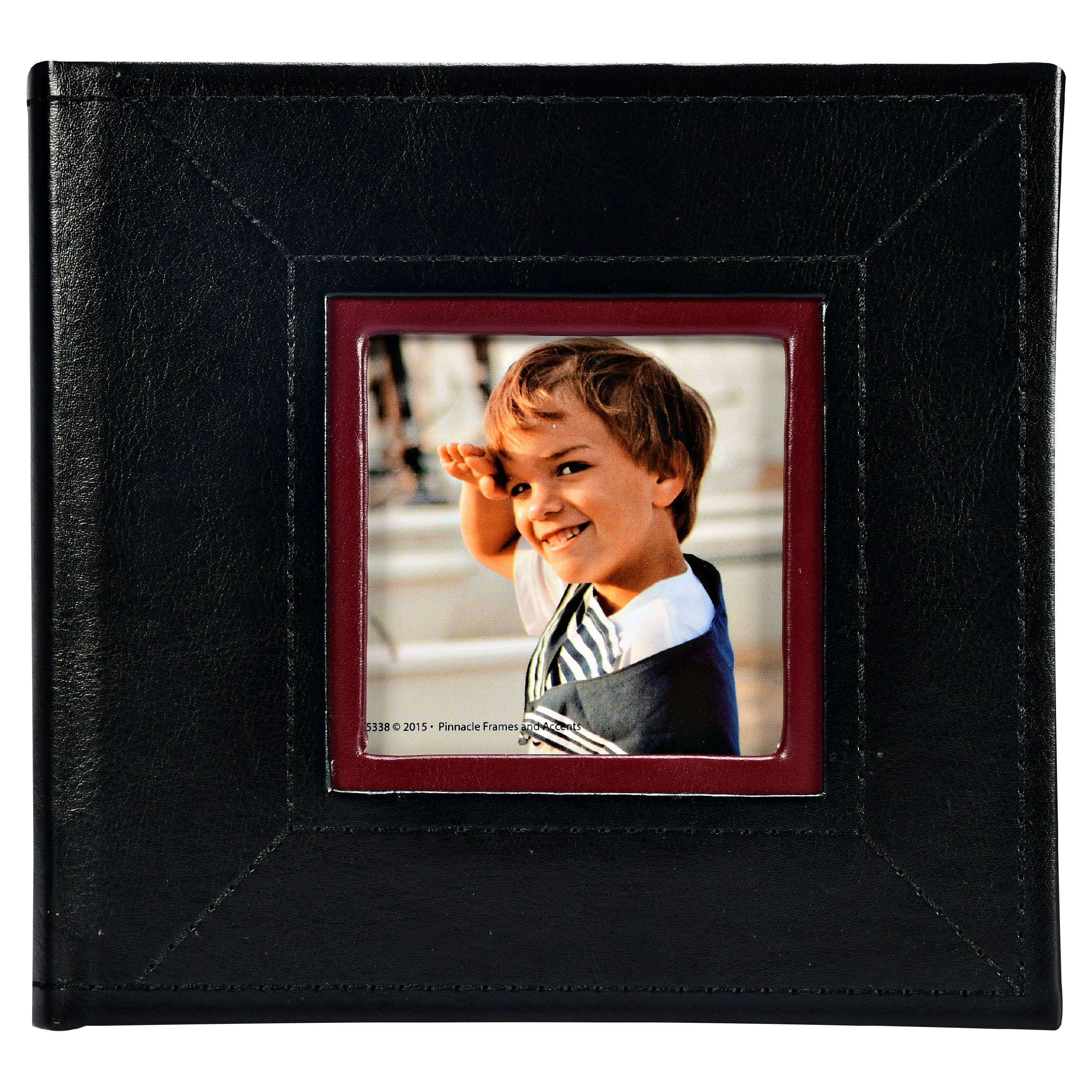 Pinnacle Black Faux Leather Photo Album with Front Cover Window Frame, Holds 60 - 4"x6" photos with memo lines