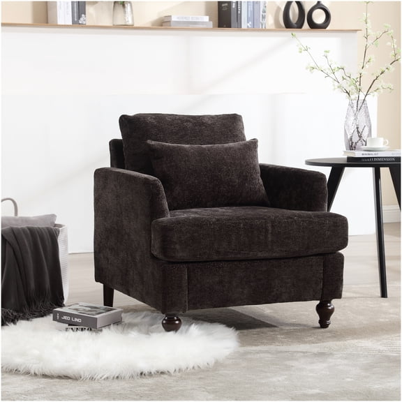 Modern Accent Chair with Solid Wood Frame, Upholstered Black Chenille Lounge Chair for Living Room or Bedroom, Tufted Club Chair with Studded Detailing