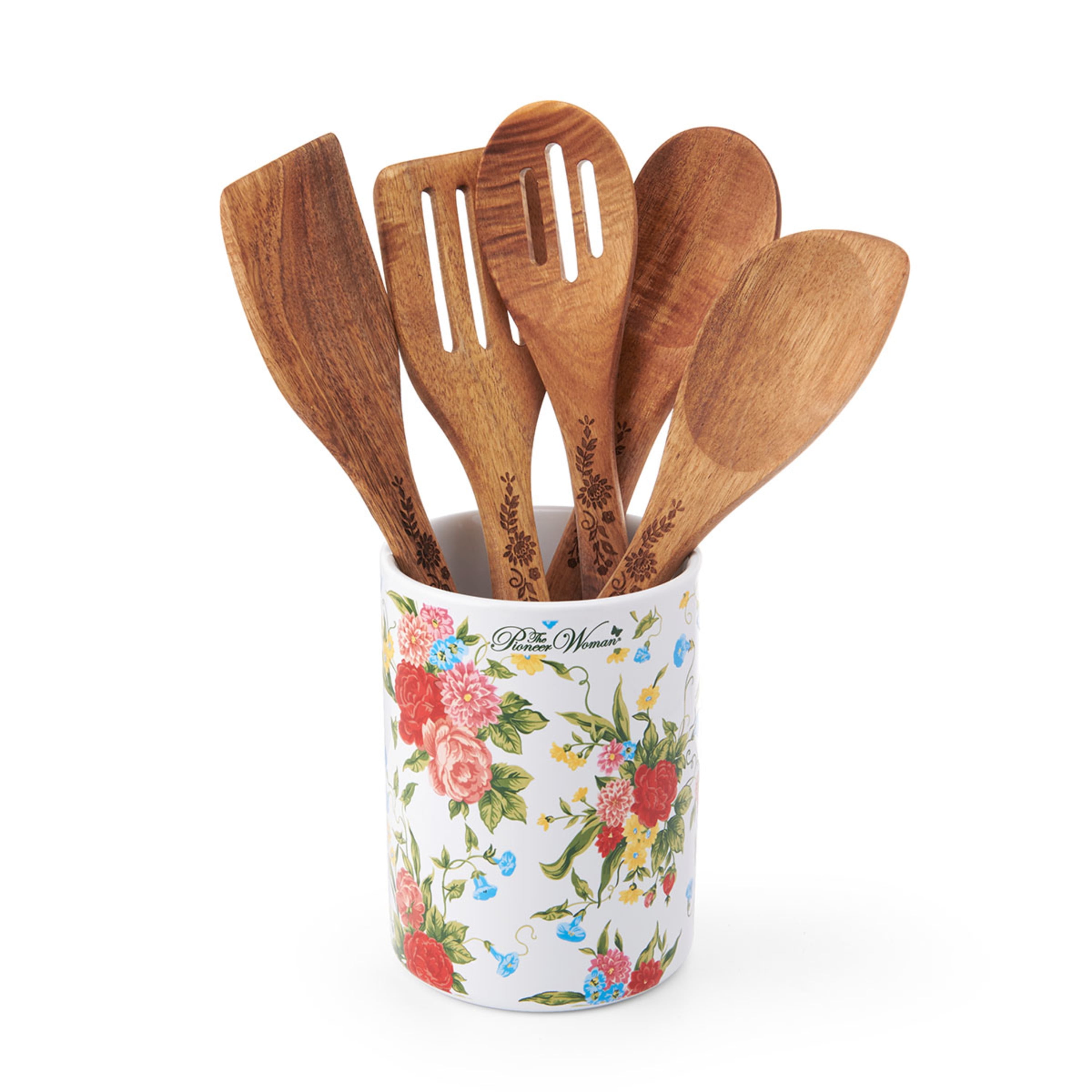 🌺🎁 New The Pioneer Woman Sweet Romance Ceramic Utensil Crock with Wood  Divider