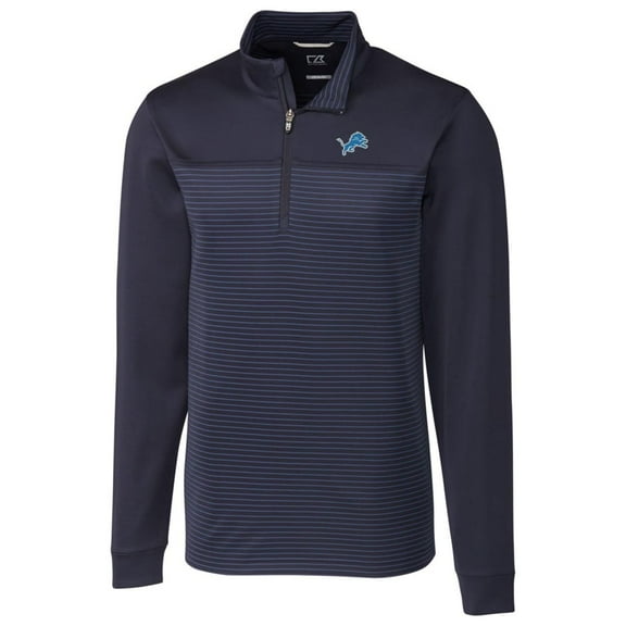 Men's Cutter & Buck Navy Detroit Lions Traverse Stripe Quarter-Zip Pullover Jacket