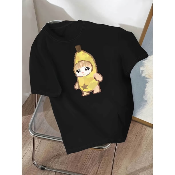 Women's Cute Banana Cat Graphic T-Shirt - Casual Sporty , Round Neck, Short Sleeve, Cotton, Machine Washable, Available in Black and More Colors, Sizes S-XXL