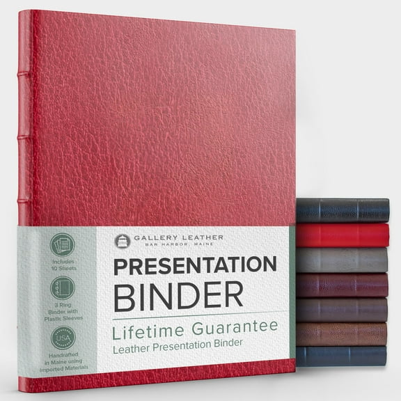Gallery Leather 3 Ring Binder with Plastic Sleeves, Includes 10 Sheets, Sheet Size: 8.5" x 11" - Presentation Binder Rings with Hubbed Spine, Thick: 0.75" Camden Red