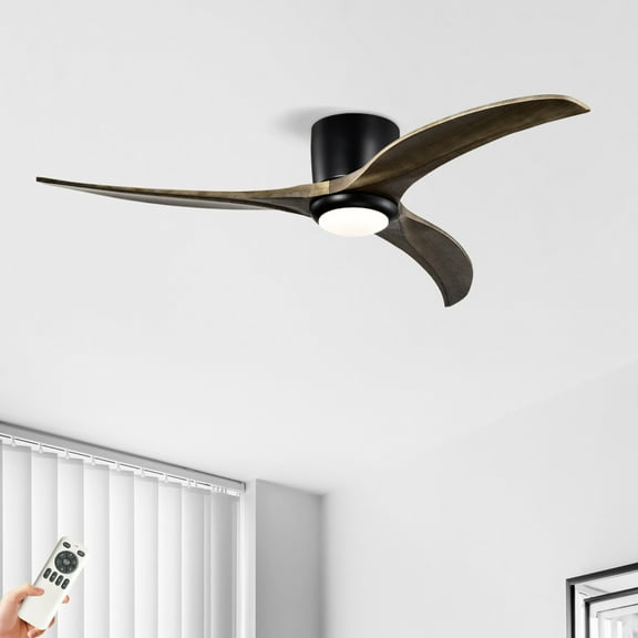 52" Solid Wood Ceiling Fan with Light and Remote Control,Flush Mount Ceiling Fan with 3 Solid Wood Blades,Noiseless Reversible Motor,6 Speeds, Timeable,Ventilador for Living Room,Bedroom,Matte Black