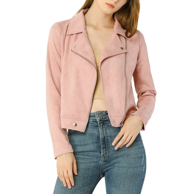 INSPIRE CHIC Women Short Soft Zip Up Faux Suede Biker Moto Jacket