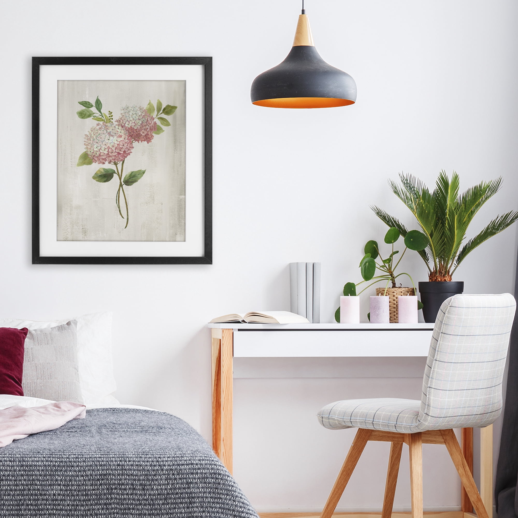 Stupell Industries Pink Hydrangea Paired Stems Black Framed Print Under Glass, design by Nan