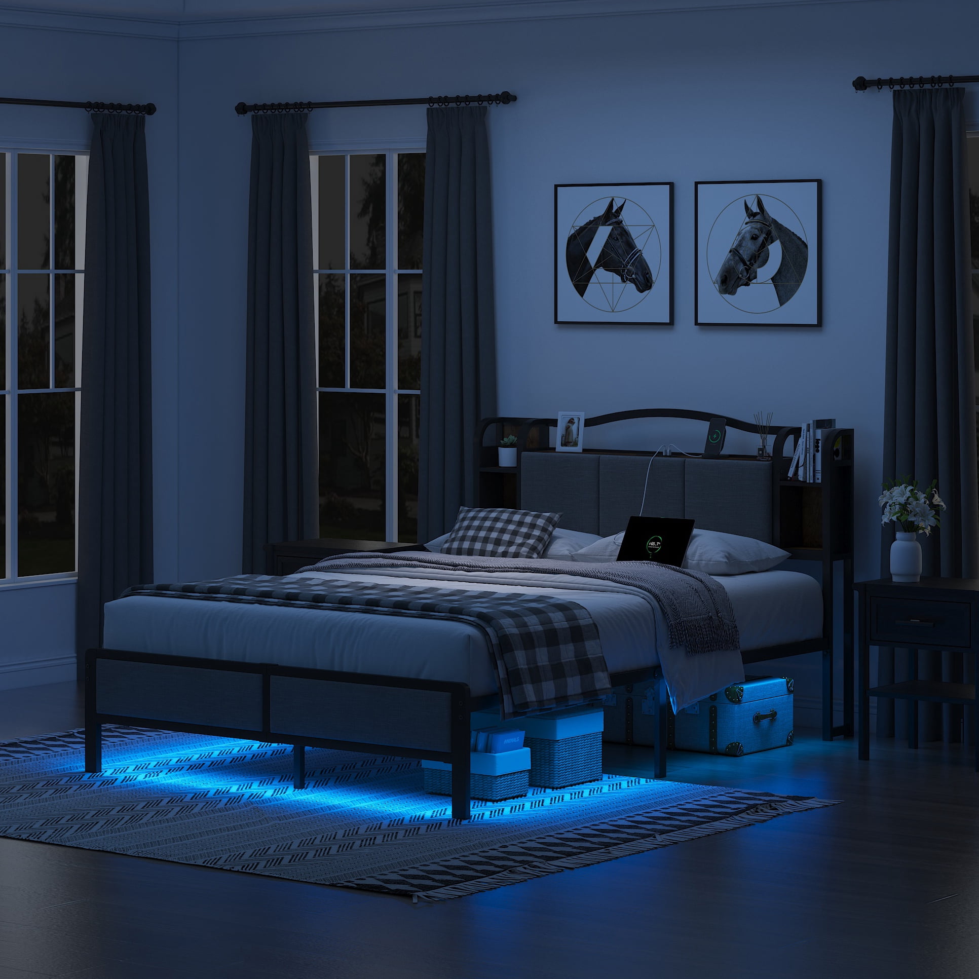 WANTAI Queen Upholstered Platform Bed Frame with LED Lights and Charging Station