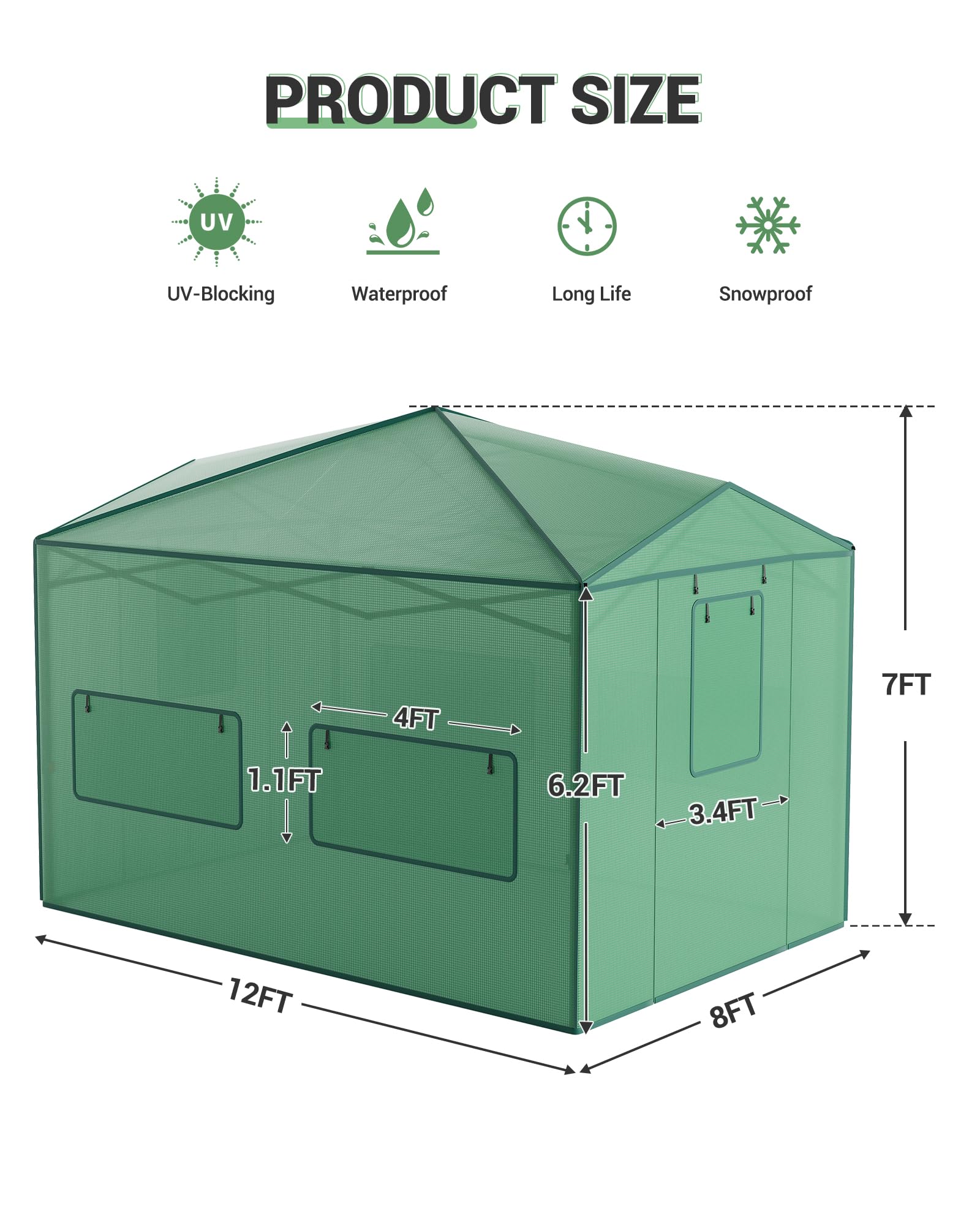 Instant Pop-up Greenhouse, Portable Indoor Outdoor Plant Gardening Green House, Roll-Up Zipper Doors and Side Windows, Walk in 8x12 ft, PE Cover, Green/Clear