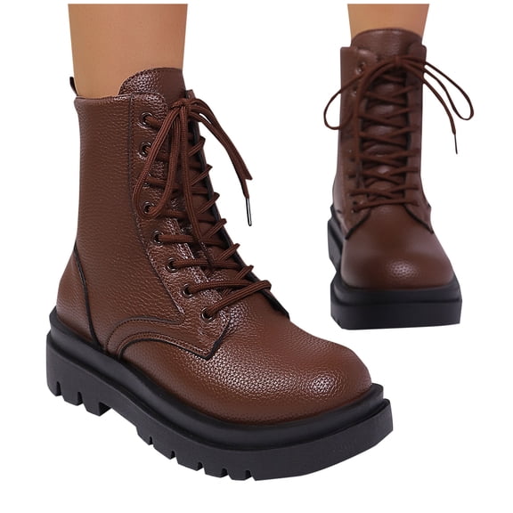 purcolt Women's Platform Mid Booties with Lace Up Casual Round Toe Low Block Heel Ankle Boots