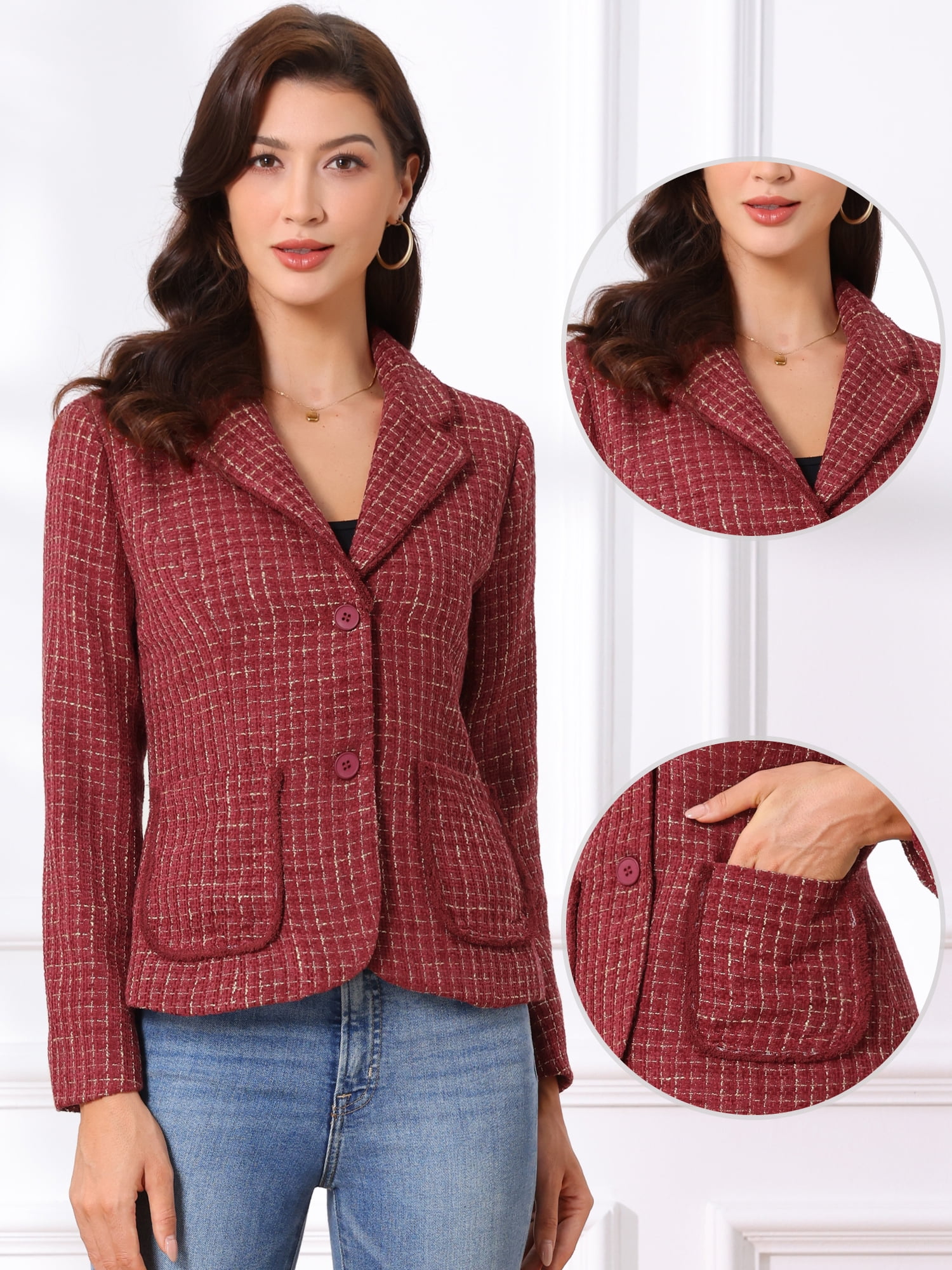 DARING DIVA Women's Notch Lapel Long Sleeve Elegant Business Casual Jacket S Dark Red