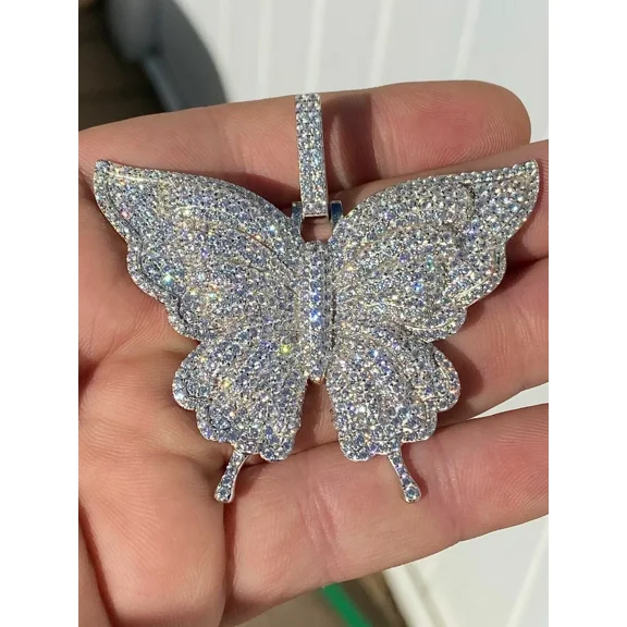 RKC HUGE Iced 2.70Ct Moissanite Butterfly Cluster Pendant 14K White Gold Plated