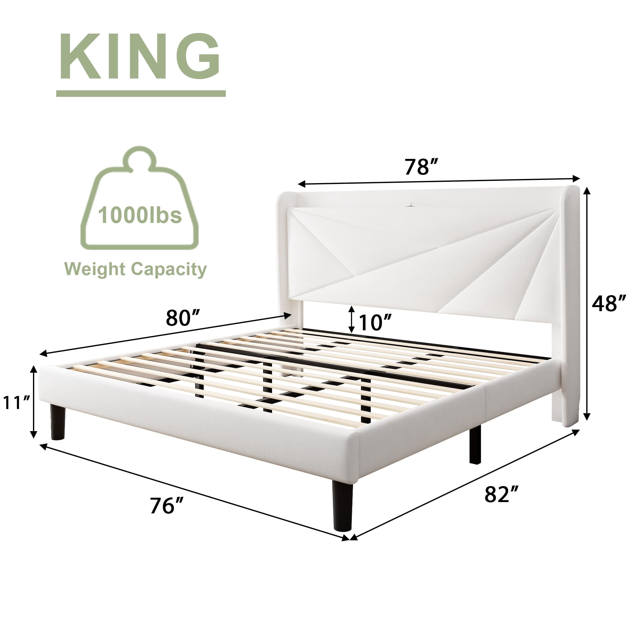 BSHTI King Size Platform Bed Frame with Charging Station (20W PD Type-C & USB), 2-in-1 Headboard, Modern Minimalist Design, Heavy-Duty Metal Frame, White