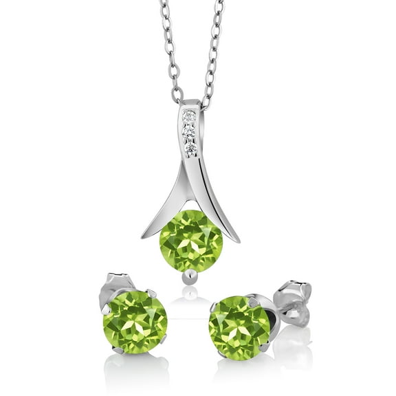 Gem Stone King 925 Sterling Silver Green Peridot and White Moissanite Pendant and Earrings Jewelry Set for Women | 3.00 Cttw | Round Gemstone Birthstone | with 18 inch Chain