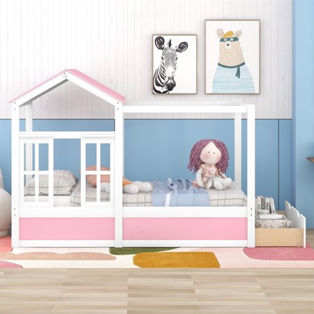 Full Size House Bed with Roof  Window and Drawer for Kids Boys Girls  Solid Wood Platform Bed Frame for Bedroom  Space-Saving Design  No Box Spring Needed  Pink+White
