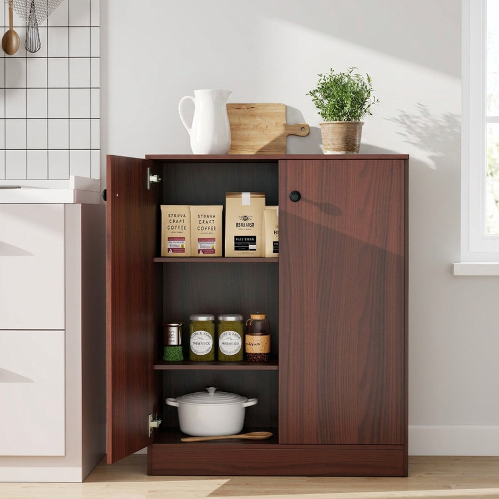 Furnibear 2 Door Modern Accent Cabinet with 3 Tier Shelf and Display Top Sideboard Buffet for Entryway Hallway and Living Room, Brown