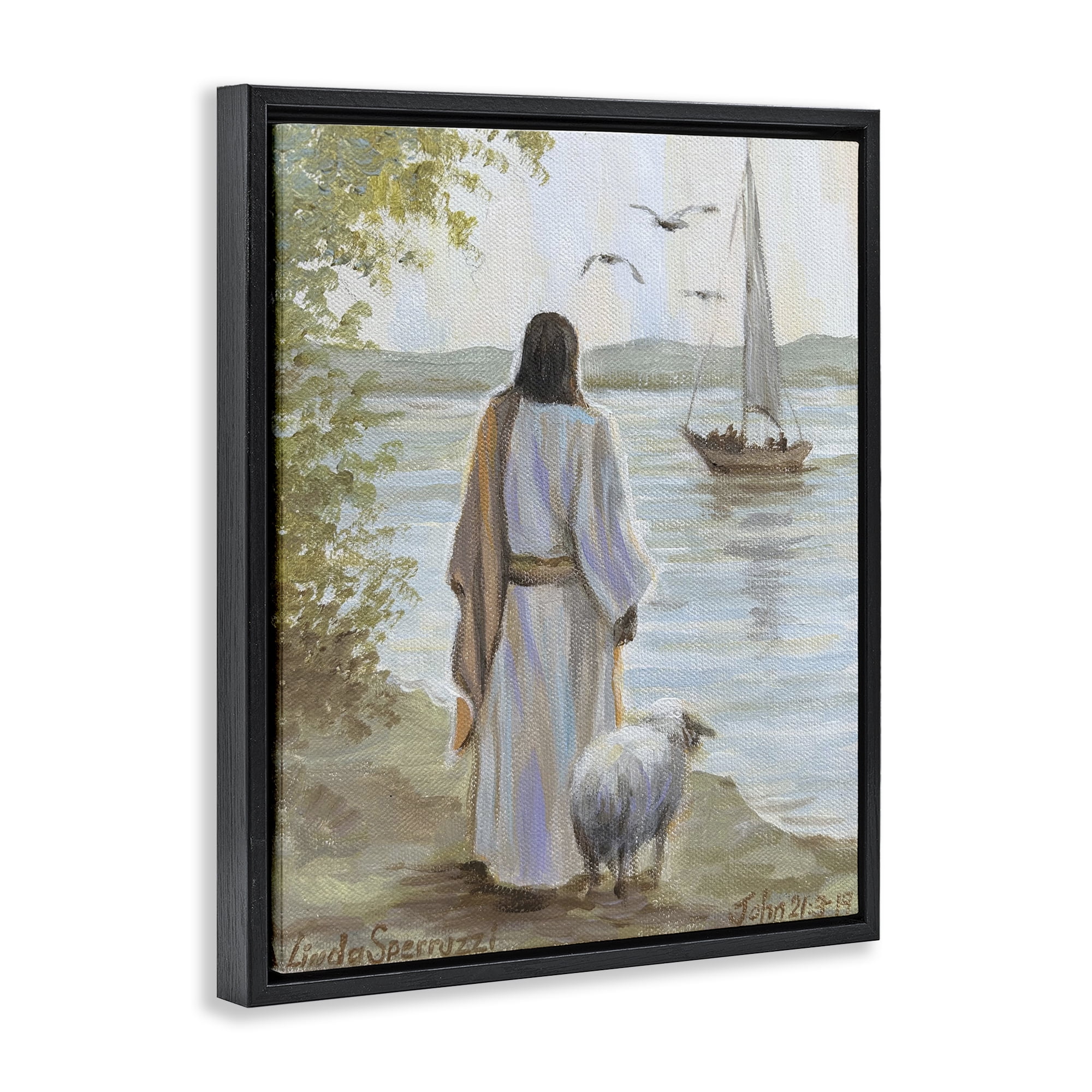 Stupell Industries Jesus Waiting Ashore Black Framed Floater Canvas Wall Art, design by Linda Sperruzzi