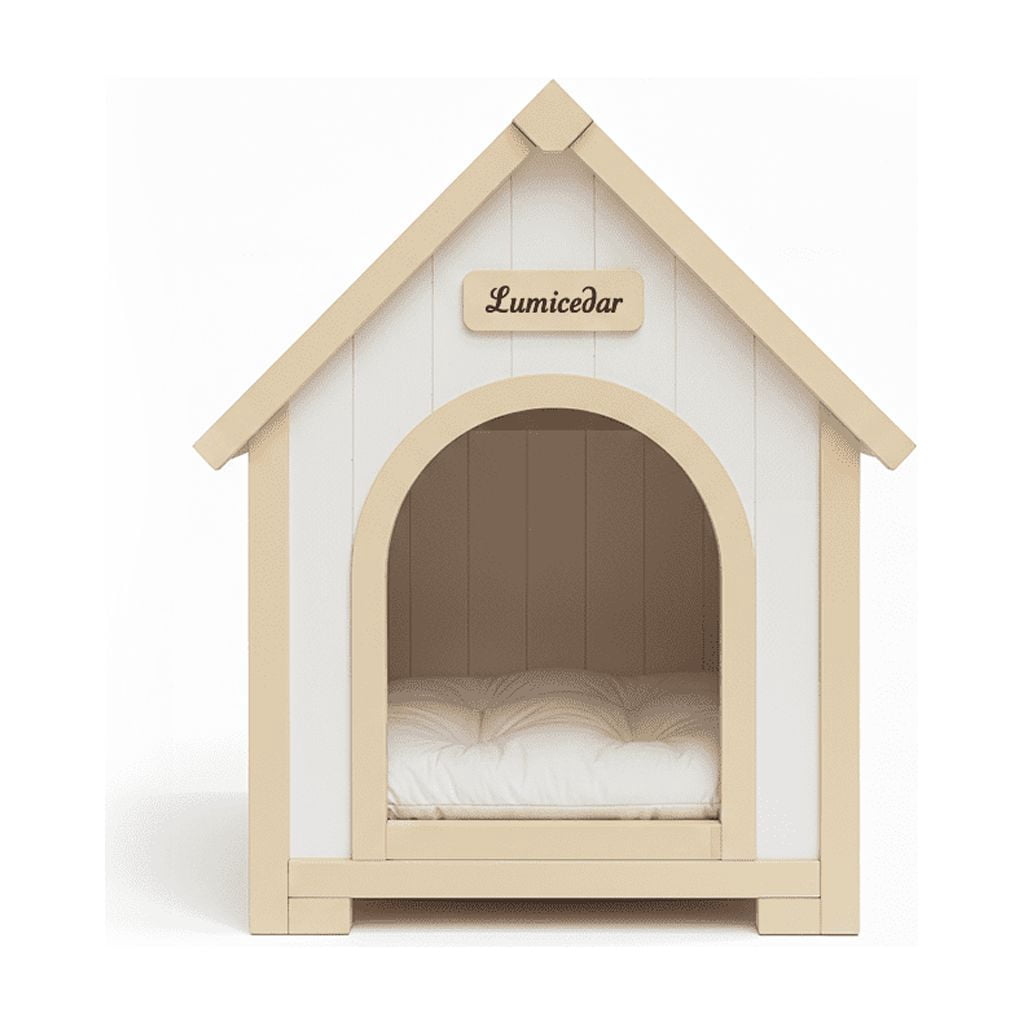 27.6'' FSC Certified Solid Cedar Wood Pet House - for Small Dogs & Cats,Arched Door & Soft Dog Bed,A-Frame Wooden Dog HouseWooden Dog Condo with Elevated Roof,Creamy White+Light Yellow