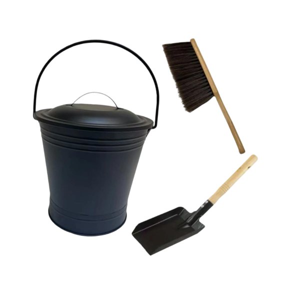 Balde,Cubo para Chimenea con Tapa Cepillo Pala,Cubo de metal de hierro con asa resistente al calor,Cubo de carbón eficiente,multifuncional y resistente,Pozos de fuego de fresno negro para