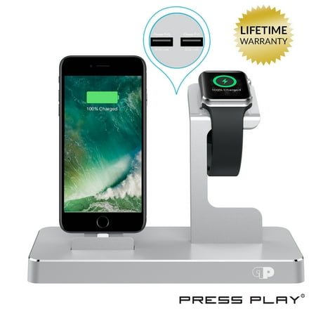 - ONE Dock (APPLE CERTIFIED) Power Station Dock, Stand & Built-In Lightning Charger for Apple Watch Smart Watch (Series 1,2,3, Nike+), iPhone X/10/8/8 Plus/7/7Plus/6s/6s, iPad & iPod (Aluminum) Silver