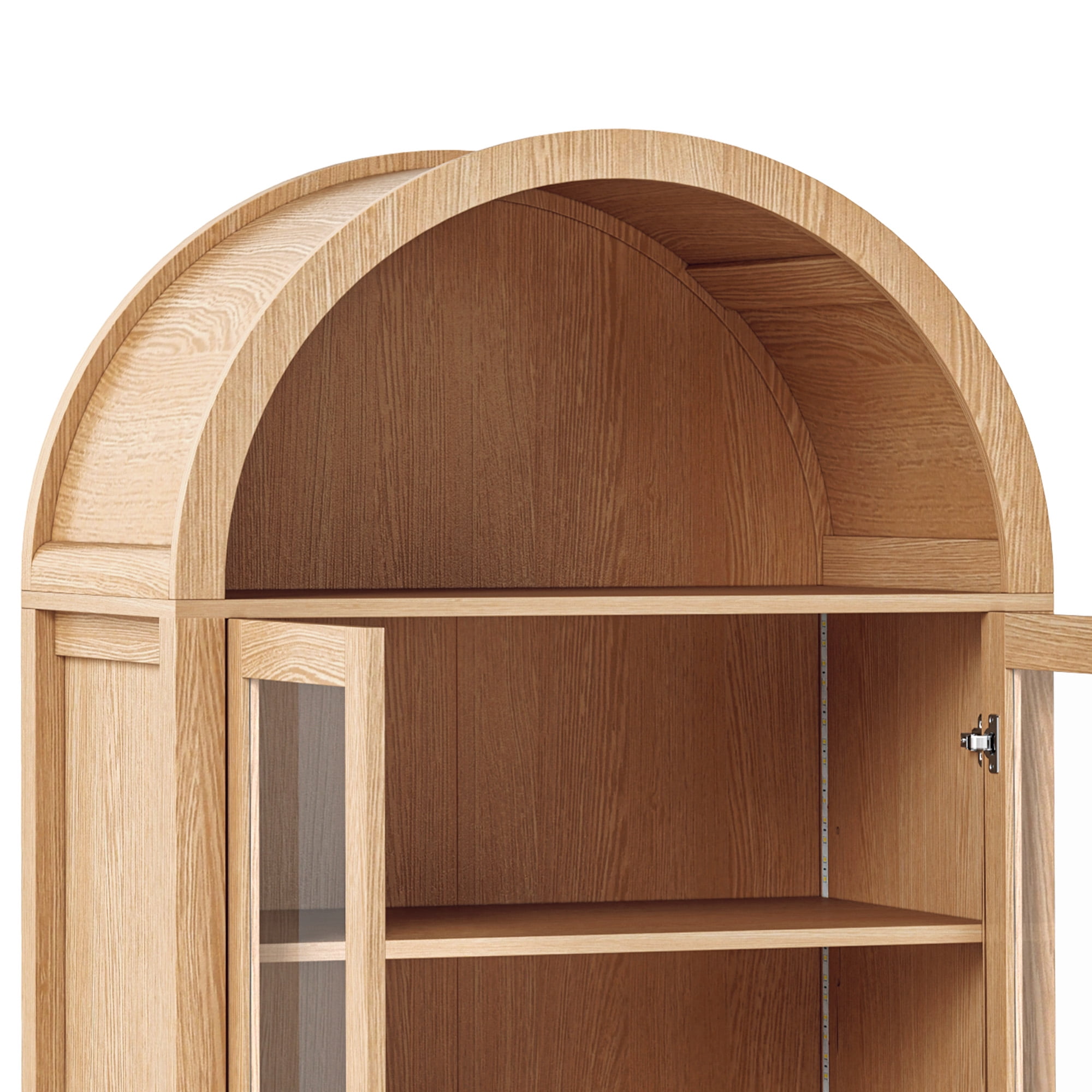 Craftian Arched Kitchen Pantry Storage Cabinet with LED Lights & Glass Doors, Display Cabinet, Natural