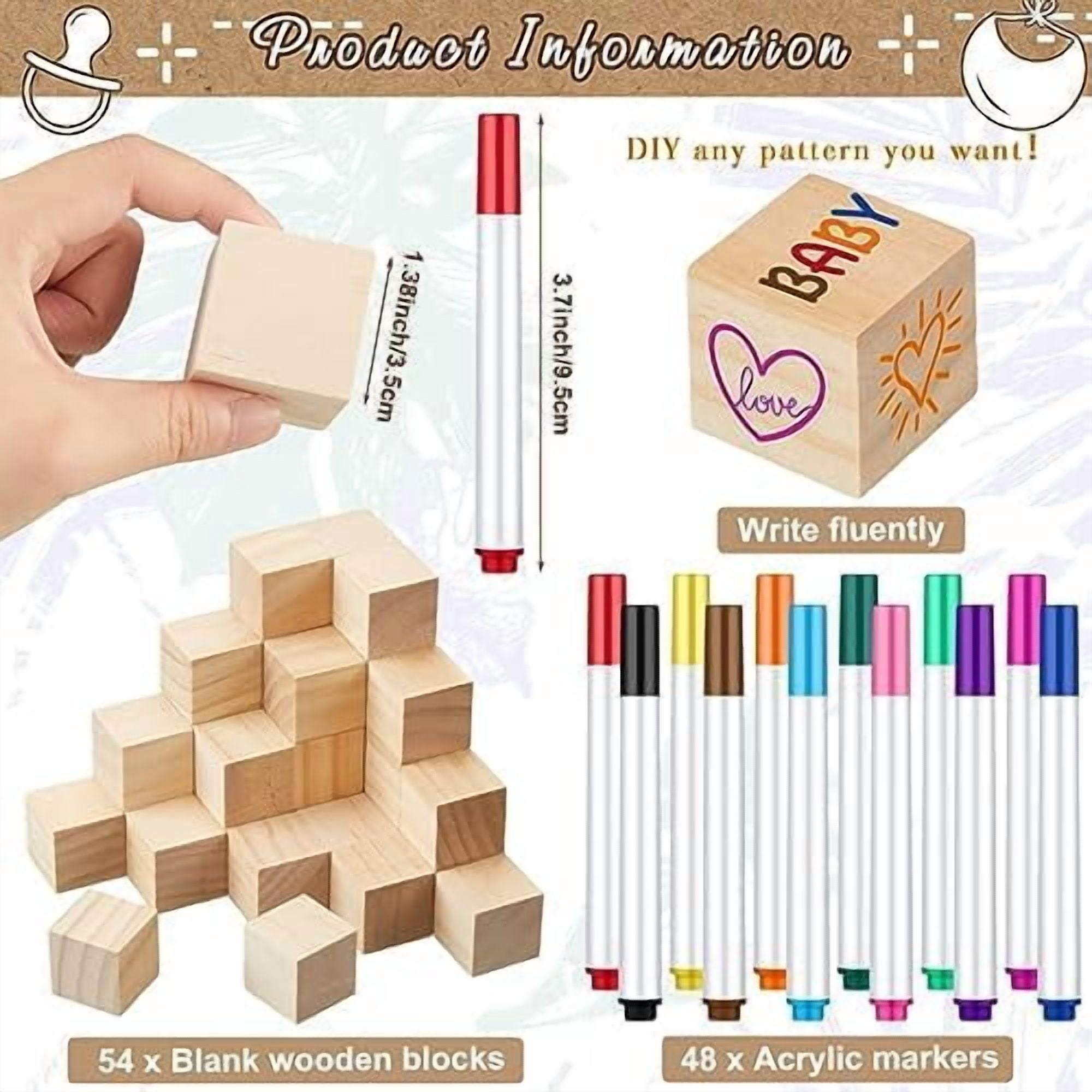 104 Pcs Baby Shower Game Sign Set Baby Shower Blocks to Decorate 54 DIY Blank Wooden Block 48 Watercolor Markers with Acrylic Box Set for Games Gender Reveals Party Supplies