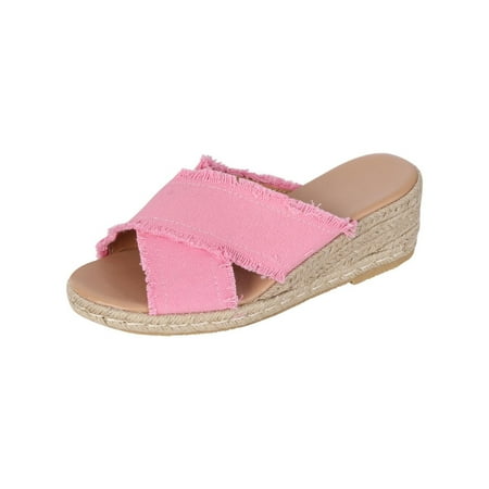 

Wandatree Womens Summer Denim Shoes Cross Slope Heel Thick Soled Round Head Beach Slippers 6.5 Pink