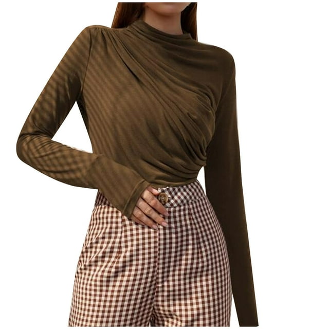 NINGMENG Womens Tops Solid Color Stank Long Sleeve Tops Pullover T Shirts Holiday Wear,Brown,S