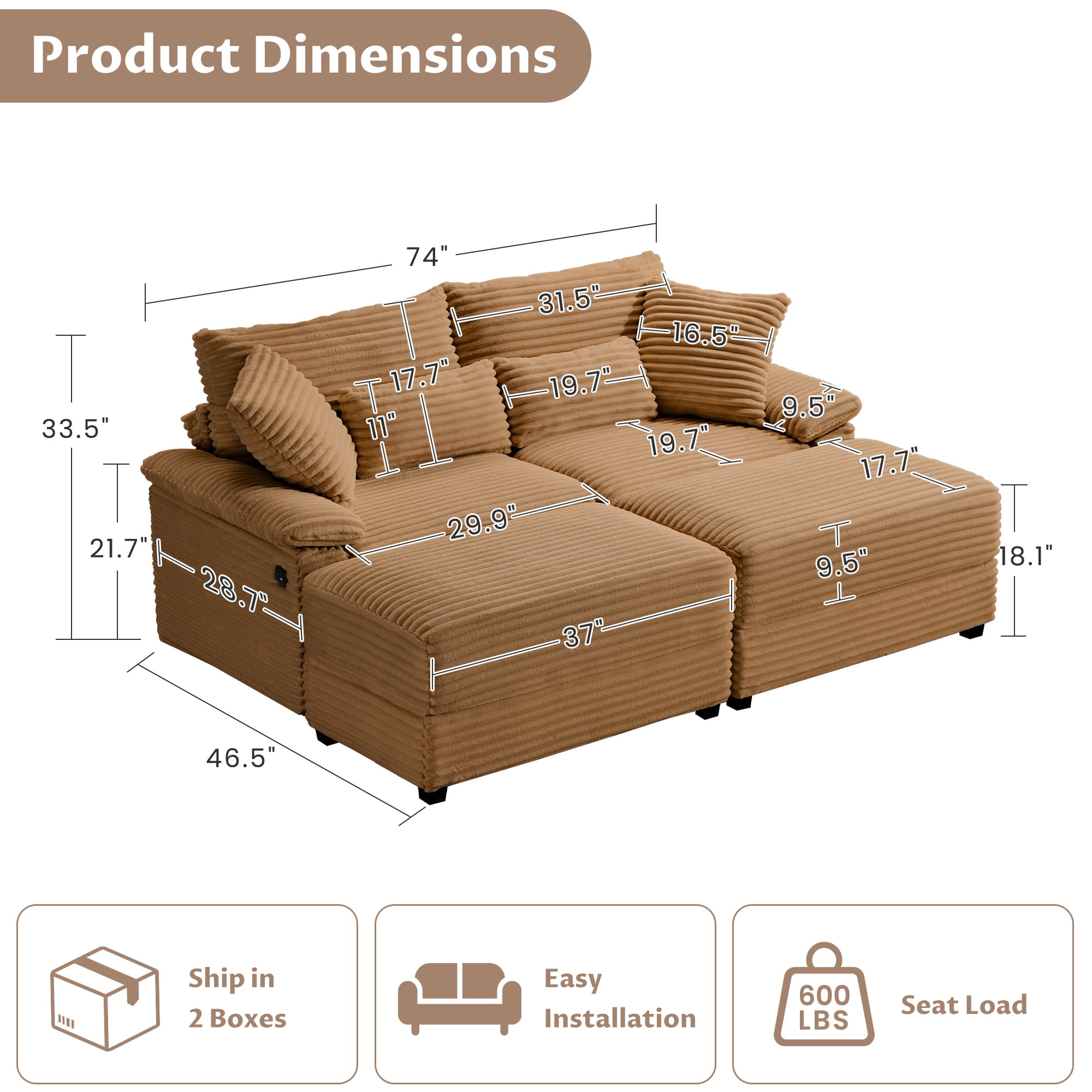 Alvantor 74" Sofa Loveseat with Reversible Ottoman & USB Port Corduroy Chaise Couch for Living Room Brown