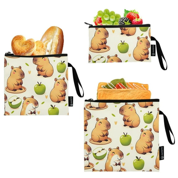 Haosy 3 Pack Reusable Ziploc Bags BPA Free Healthy Food Storage Bag Leakproof Sandwich Snack Freezer Bags Capybara with Apple