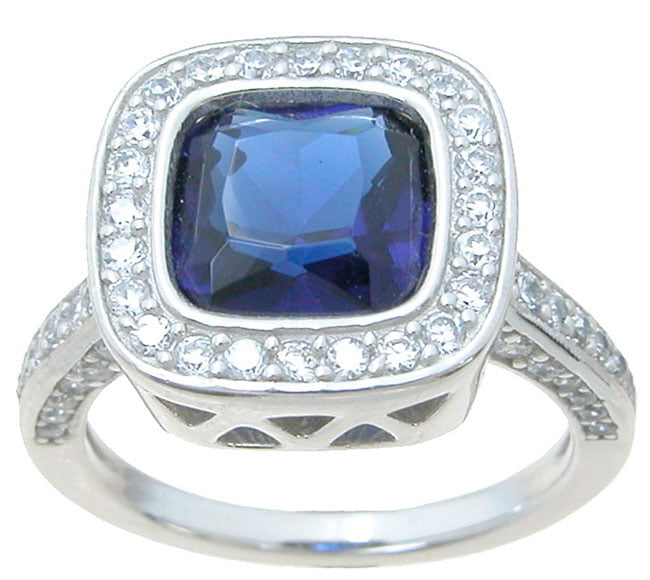 Large Simulated Sapphire Princess Cut and 925 Sterling Silver Ring