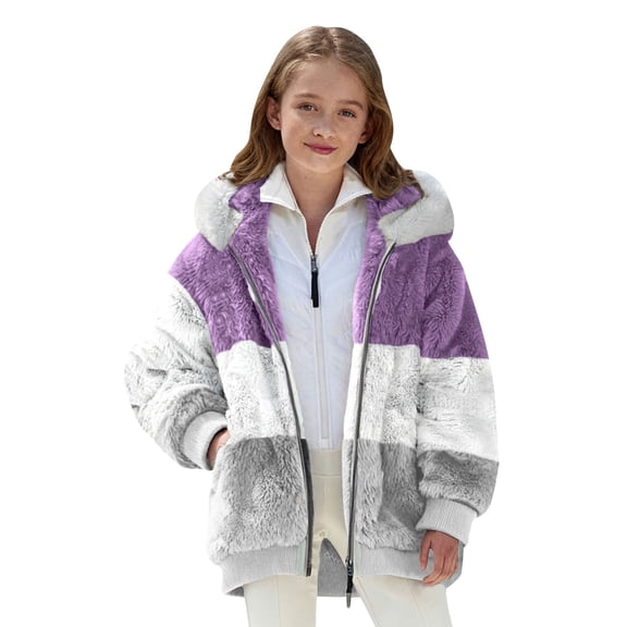 EnJoCho Girls Winter Fleec𝖾 Jacket Hooded Zip Up Sher𝗉a Plush Fuzzy Warm Coat Color Bloc𝗄 Flannel Wool Hoodie Plus Size Outerwear for Teen Girls Youth Cold Weather
