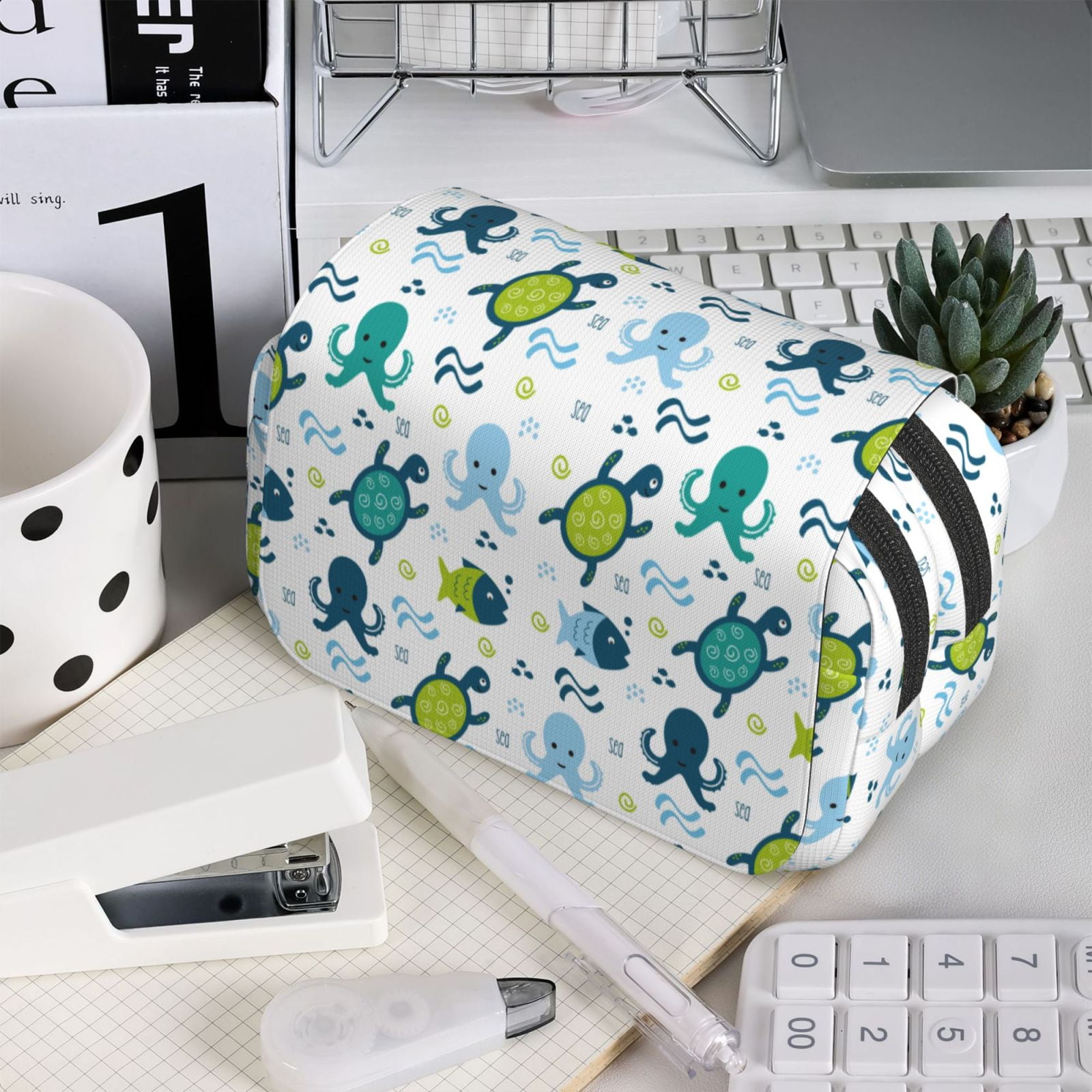 Rateoe Cartoon Sea Creatures Pattern Double Clamshell Pen Case, Storage Organizer with Two Zipper Compartments– Holds Up to 50 Pencils & Pens